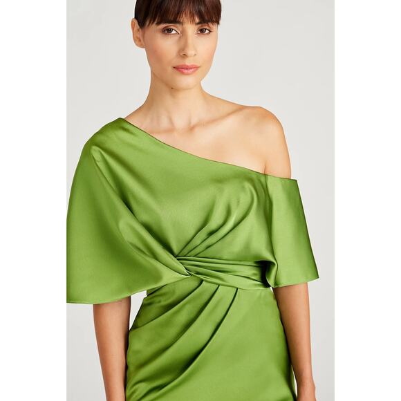 THEIA Polly Satin Cocktail Dress One Shoulder 88111306-8088 Paradise Green 2 NEW - Picture 4 of 9